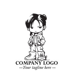 Black and White Chibi Girl Standing in Jacket, Pants, and Boots. Simple Bold Vector Illustration
