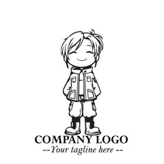 Black and White Chibi Girl Standing in Jacket, Pants, and Boots. Simple Bold Vector Illustration