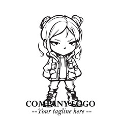 Black and White Chibi Girl Standing in Jacket, Pants, and Boots. Simple Bold Vector Illustration
