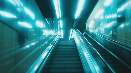 Futuristic Escalator with Blue Neon Lights Motion Blur Effect.