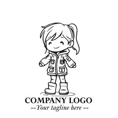 Black and White Chibi Girl Standing in Jacket, Pants, and Boots. Simple Bold Vector Illustration