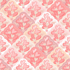 Romantic Heart Damask Pattern. Valentine's Day Seamless Heart Background. Elegant Vintage Style Heart Wallpaper. Delicate Pastel Hearts Bouquet with Bows.