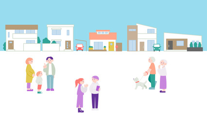青空の下の住宅街と穏やかな人々の暮らしのイメージイラスト
