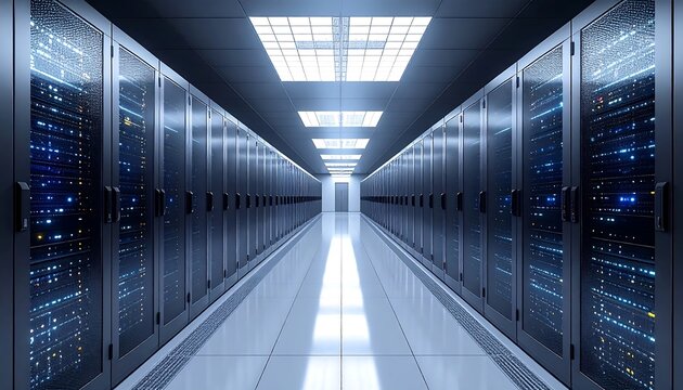 A long, narrow server room with rows of cabinets, white floor tiles, and bright, overhead lighting