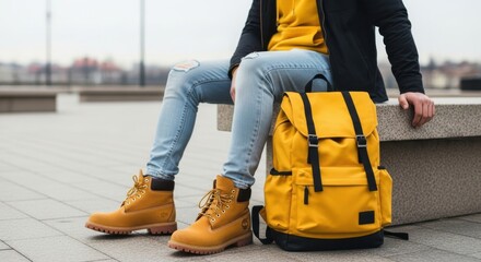 Person wearing ripped jeans and yellow boots sitting with a yellow backpack outdoors