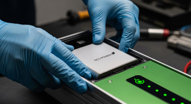 Hands in gloves carefully installing a component into advanced technology device