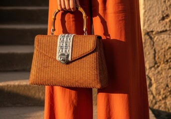 A woman in an orange dress holds a woven straw handbag with bamboo handles, showcasing a stylish summer accessory
