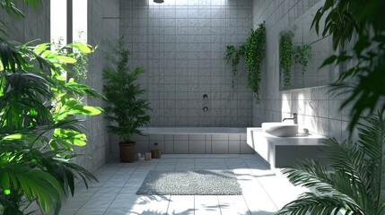 Modern Bathroom with Lush Greenery.
