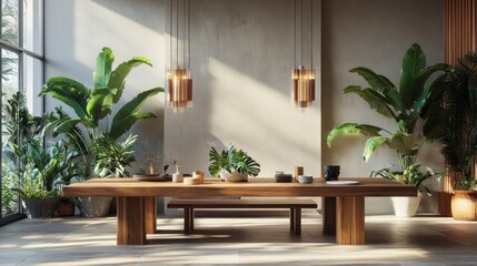 Modern dining room with large wooden table, benches, and lush green plants under warm sunlight.