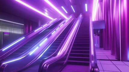 Modern Escalators with Vibrant Purple and Blue Neon Lights in a Futuristic Setting.
