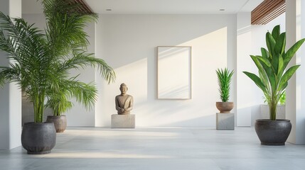 Modern Interior Hallway with Potted Plants and Sculpture.