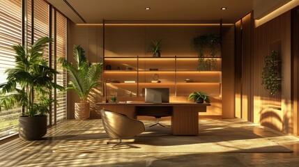Modern Home Office Interior with Warm Sunlight and Lush Green Plants.