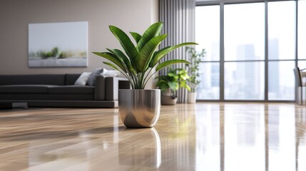Modern Living Room Interior with Plant and City View.