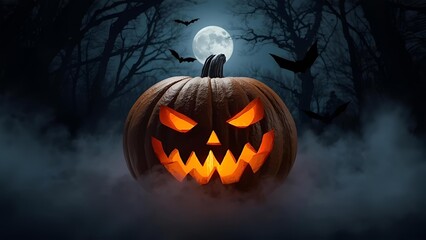 A creepy Halloween pumpkin with a wicked grin, casting an orange glow, surrounded by fog and bats, with a dark forest as the background under a full moon.