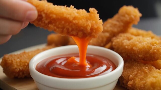 Crispy chicken strips being dipped in rich ketchup, perfect for snacks and appetizers.