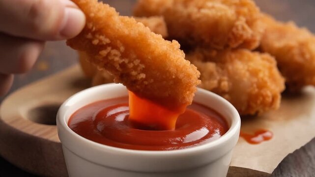 A crispy chicken tender being dipped into rich, flavorful ketchup on a wooden serving platter.