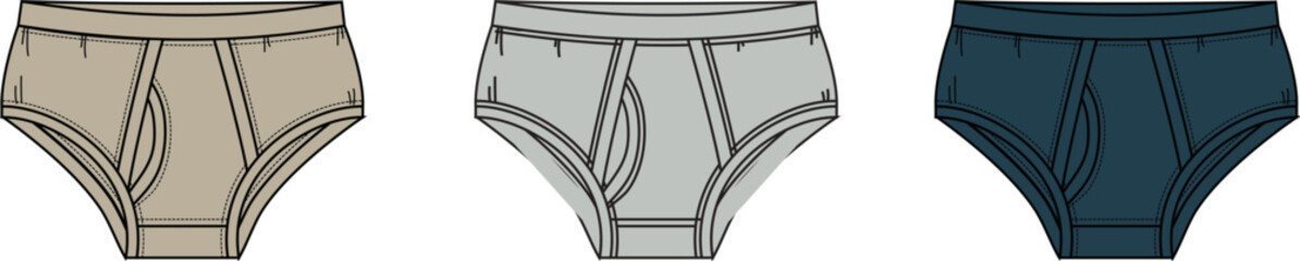 Naklejka premium Vector illustration of classic men's briefs, showcasing comfortable cotton underwear in a collection of three distinct colors, ideal for everyday fashion and design