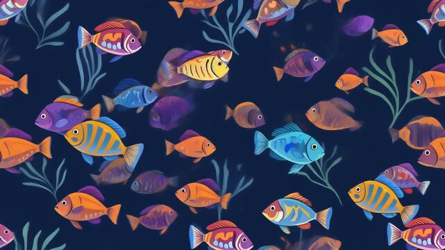 A vibrant underwater scene with various colorful fish swimming amidst lush aquatic plants.