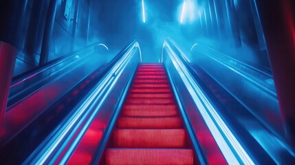 Neon Escalator Ascent - A Futuristic Urban Journey.