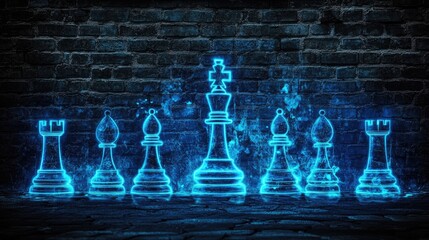 Neon Chess Pieces on a Dark Brick Wall with Blue Glow.