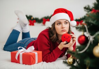 Young woman in a santa hat looking sad while holding a christmas ornament and lying on the floor next to a gift and a christmas tree
