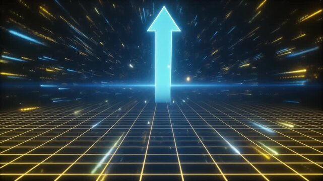 Futuristic arrow moving through a grid, symbolizing progress and innovation in technology with vibrant colors.