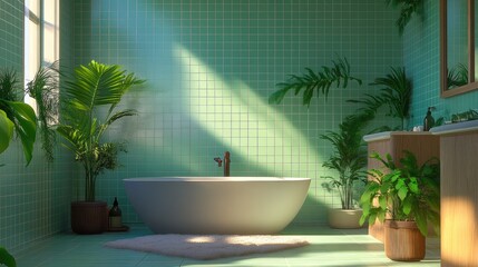Serene Green Bathroom with Lush Plants and Sunlight.