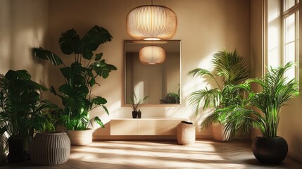 Serene Interior with Lush Green Plants and Warm Sunlight.