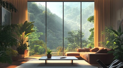 Serene Living Room with Mountain View and Lush Greenery.