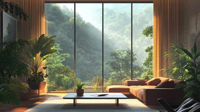 Serene Living Room with Mountain View and Lush Greenery.