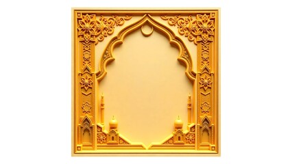 This is a 3D Islamic background. An ornate, golden frame featuring intricate Arabic architecture, including domes and minarets. The background is softly lit, enhancing the textures.