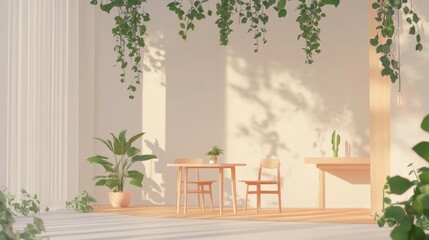 Sunlit Indoor Oasis - Minimalist Dining Area with Lush Greenery.