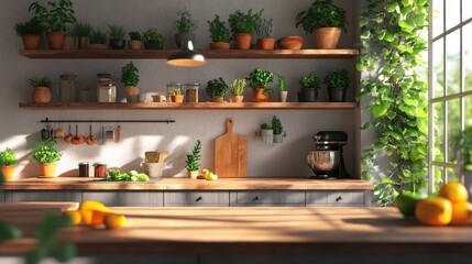 Sunlit Kitchen with Abundant Green Plants and Fresh Produce.