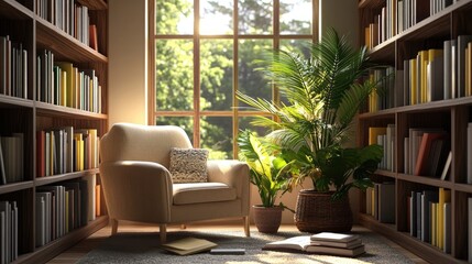 Sunlit Library Reading Nook with Armchair and Plants.