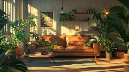 Sunlit Living Room with Lush Indoor Plants and Comfortable Sofa.