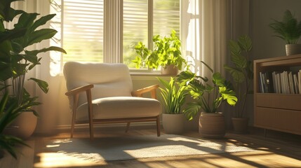 Sunlit Reading Nook with Plants and Comfortable Armchair.