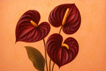 Elegant Deep Red Anthurium Flowers with Golden Details on Orange Background - Modern Floral Illustration