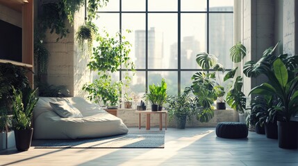 Sunlit Urban Oasis - Modern Apartment with Lush Greenery.