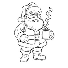 Santa Claus Holding a Cup of Hot Drink – Christmas Line Art Illustration