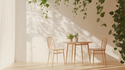 Sunny outdoor dining area with wooden table and chairs.