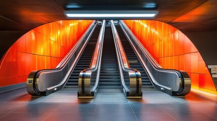 Symmetrical Escalators with Orange Wall in Modern Subway Station.
