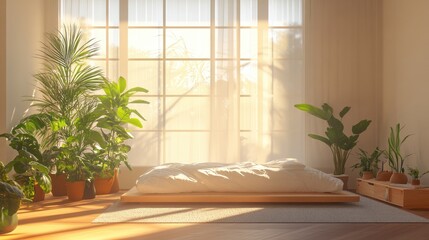 Sunlit Zen Room with Plants and Meditation Cushion.