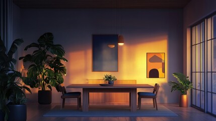 Warm Light in a Modern Dining Room with Plants and Art.