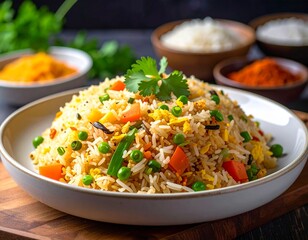 Flavorful vegetable fried rice with peas and carrots served in a white bowl on a rustic wooden table with fresh spices in the background