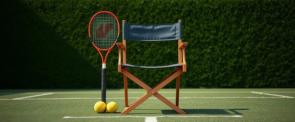 Director's chair on tennis court with racket, grass background, three tennis balls , tennis balls, sports