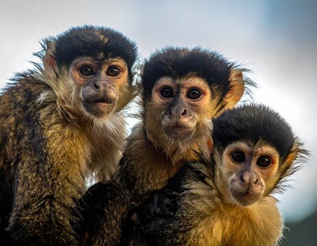 Trio of curious primates peering toward the viewer
