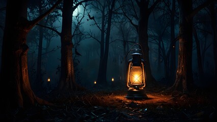 glowing lantern lighting a misty forest path at night