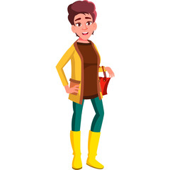 Cartoon Woman Standing Full Body Shot With Yellow Cardigan And Boots And Red Bag Holding Handbag And Wearing Teal Pants And Dark Brown Shirt Against Transparent Background