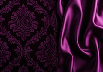 A split image showing a dark purple damask patterned fabric on the left and a flowing, lustrous purple silk fabric on the right