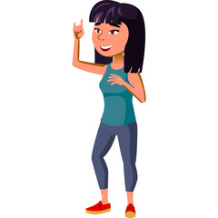 Cartoon young Asian woman with dark hair wearing a teal tank top and grey leggings dancing with her right arm raised in a rock on gesture against a transparent background